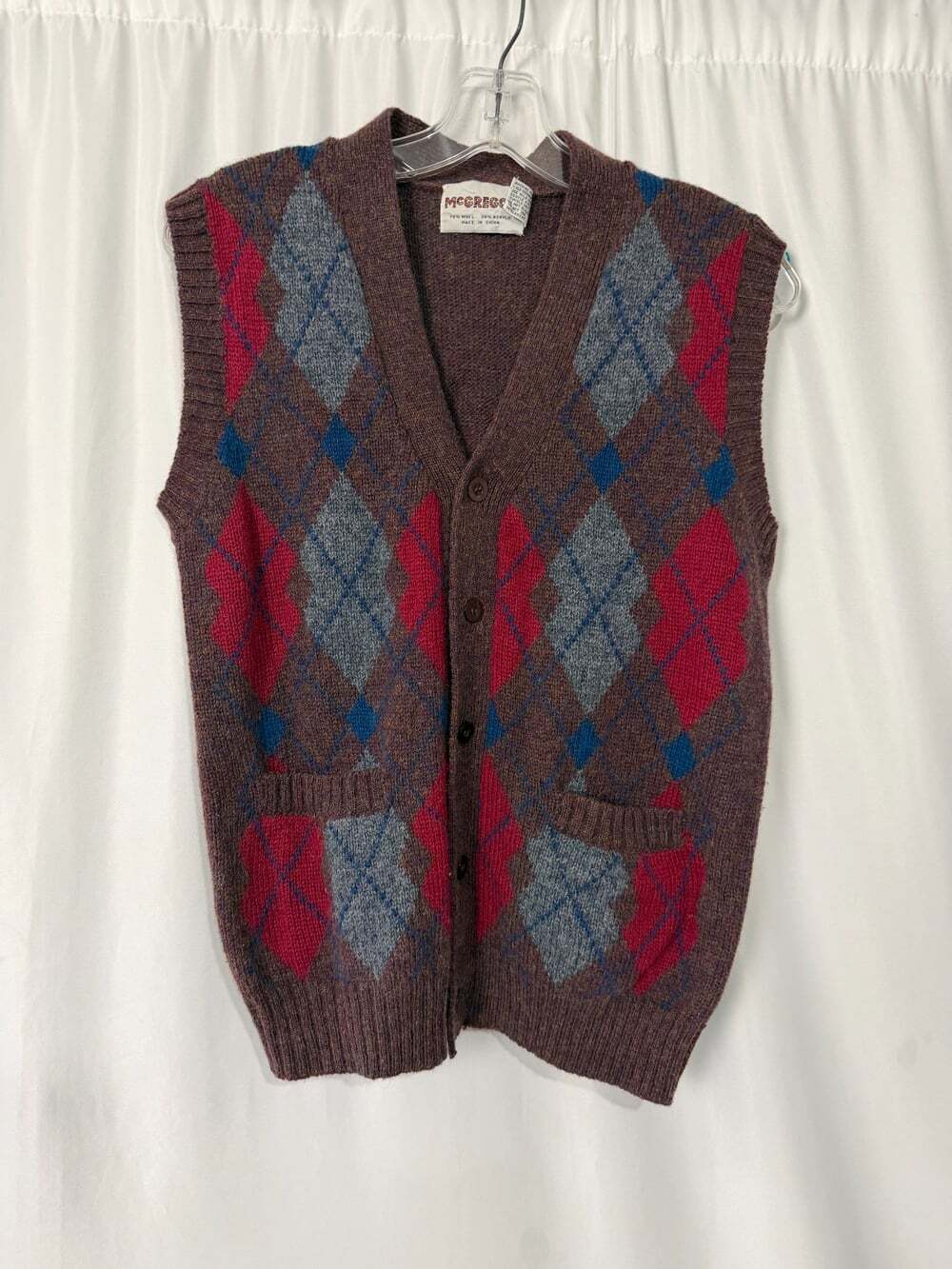 VTG Men's McGregor Button Down Sweater Vest Argyle Wool Blend Sx Medium